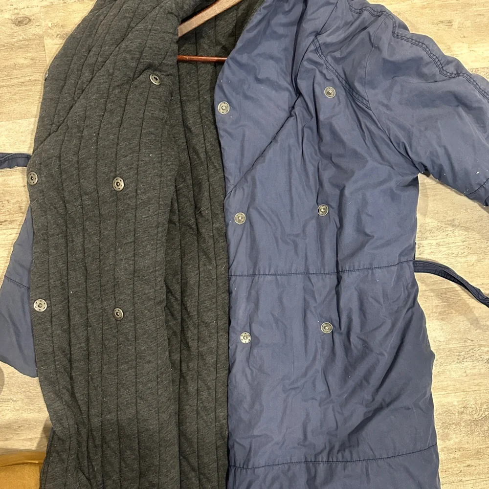 Free People Navy and Charcoal Hooded Poplin Blanket Coat